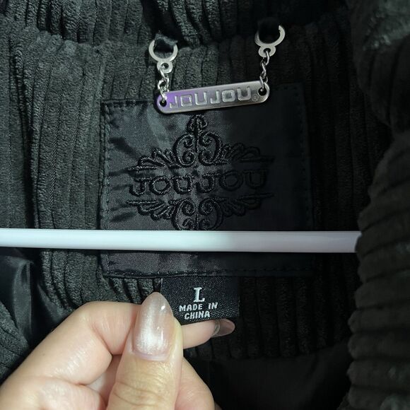 Joujou Women Corduroy Puffer Jacket Black Large Polyester Full Zip Mock Neck - Picture 3 of 4